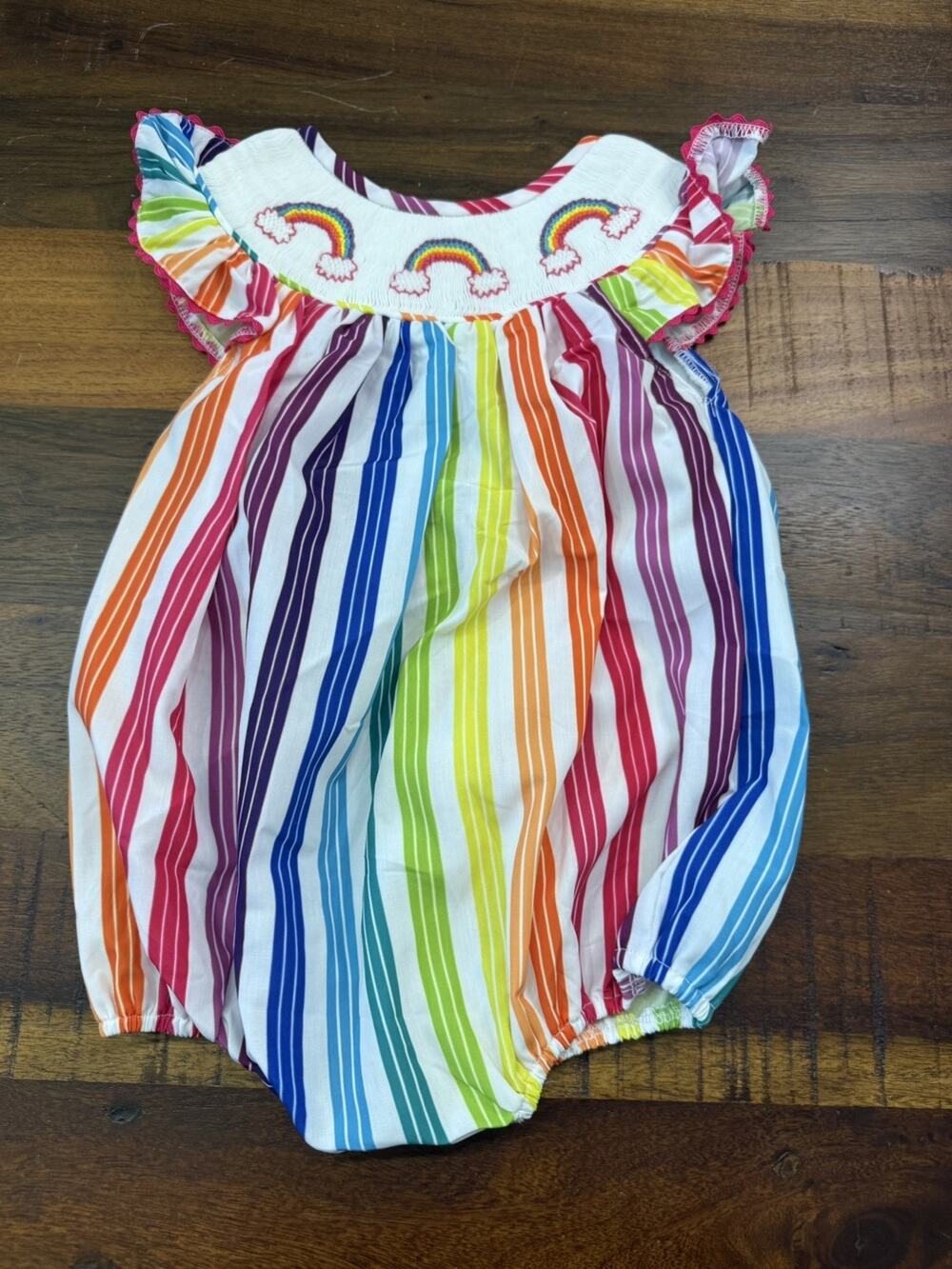 Poppy Kids Co Rainbow Stripe Smocked Bubble Romper Baby Girl Size 9M